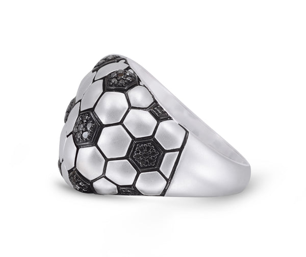 LuvMyJewelry Kick & Goal Soccer Black Rhodium Plated Sterling Silver Black Diamond Head Ring
