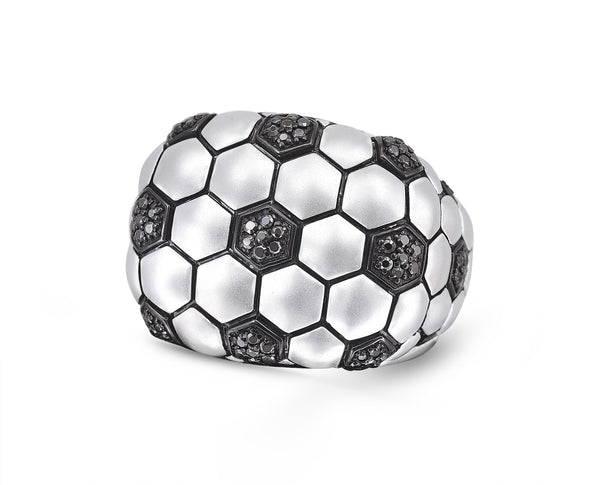 LuvMyJewelry Kick & Goal Soccer Black Rhodium Plated Sterling Silver Black Diamond Head Ring
