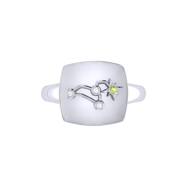 LuvMyJewelry Leo Lion Peridot & Diamond Constellation Signet Ring In 14K White Gold