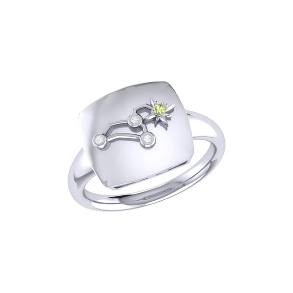 LuvMyJewelry Leo Lion Peridot & Diamond Constellation Signet Ring in 14K White Gold