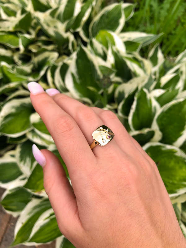 LuvMyJewelry Libra Scales Pink Tourmaline & Diamond Constellation Signet Ring In 14K Yellow Gold