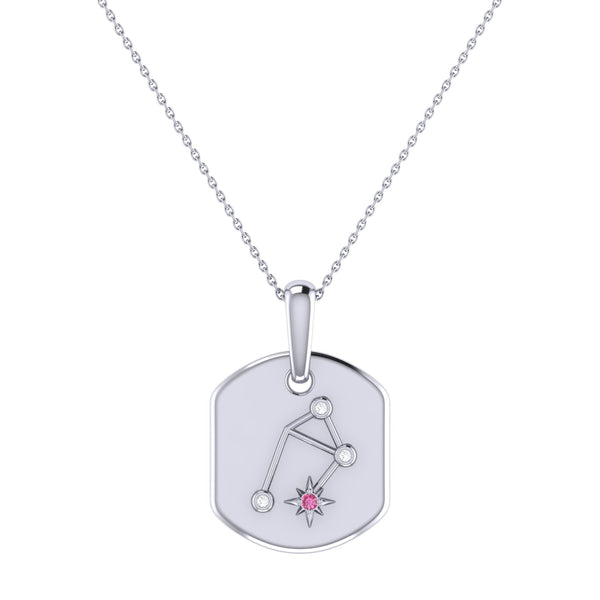 LuvMyJewelry Libra Scales Pink Tourmaline & Diamond Constellation Tag Pendant Necklace in Sterling Silver
