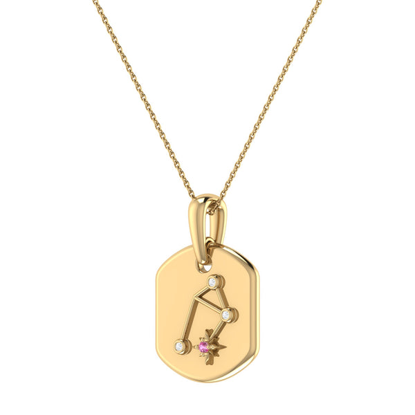 LuvMyJewelry Libra Scales Pink Tourmaline & Diamond Constellation Tag Pendant Necklace In 14K Yellow Gold