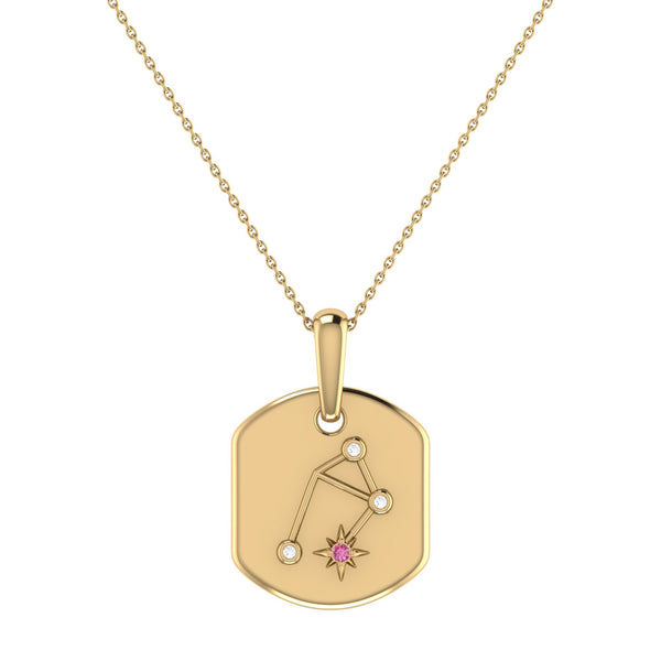 LuvMyJewelry Libra Scales Pink Tourmaline & Diamond Constellation Tag Pendant Necklace in 14K Yellow Gold