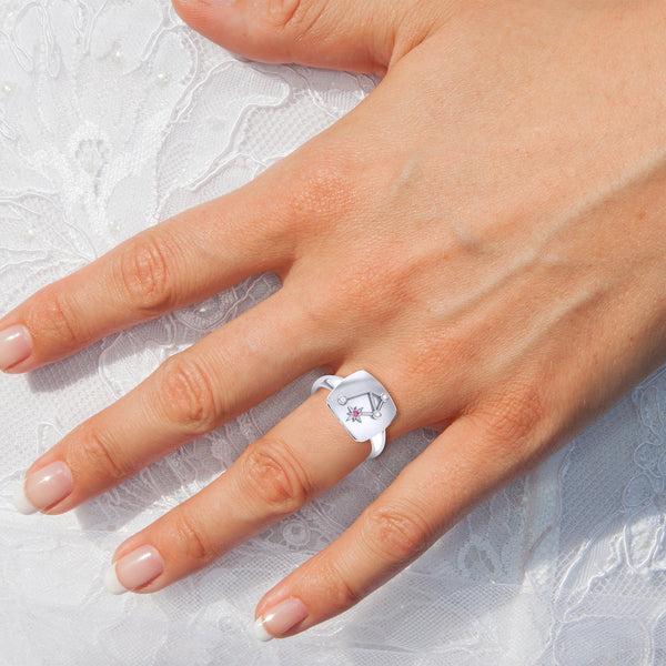 LuvMyJewelry Libra Scales Pink Tourmaline & Diamond Constellation Signet Ring In Sterling Silver