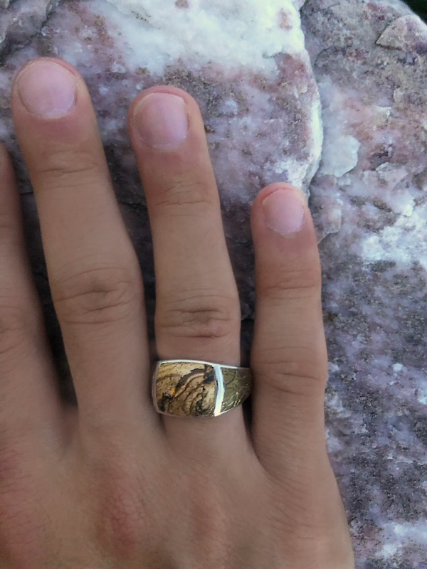 LuvMyJewelry Light Brown Picasso Jasper Stone Signet Ring In Brown Rhodium Plated Sterling Silver