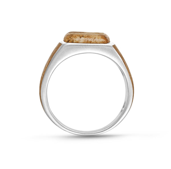 LuvMyJewelry Light Brown Picasso Jasper Stone Signet Ring In Brown Rhodium Plated Sterling Silver
