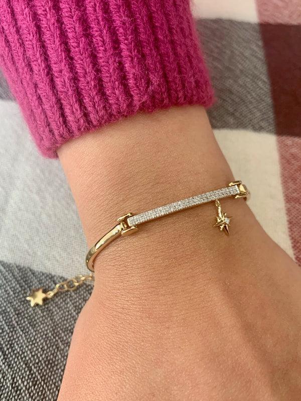 LuvMyJewelry Little North Star Diamond Bar Bangle In 14K Yellow Gold