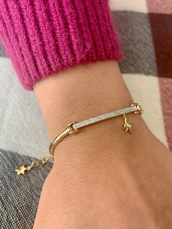 LuvMyJewelry Little North Star Diamond Bar Bangle In 14K Yellow Gold Vermeil On Sterling Silver
