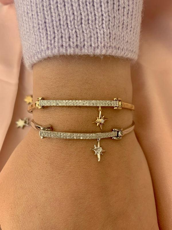 LuvMyJewelry Little North Star Diamond Bar Bangle In 14K Yellow Gold Vermeil On Sterling Silver