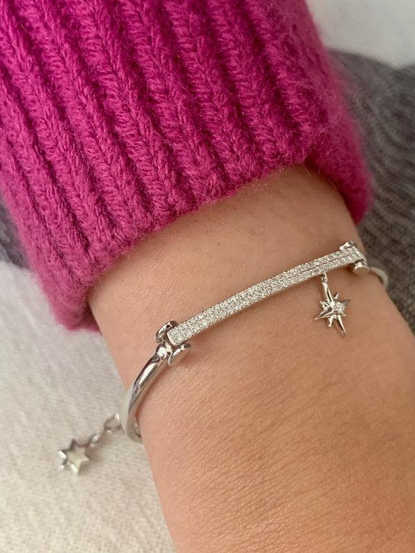 LuvMyJewelry Little North Star Diamond Bar Bangle In Sterling Silver