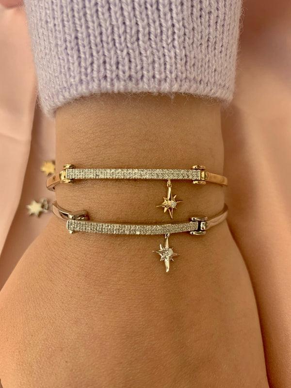 LuvMyJewelry Little North Star Diamond Bar Bangle In Sterling Silver
