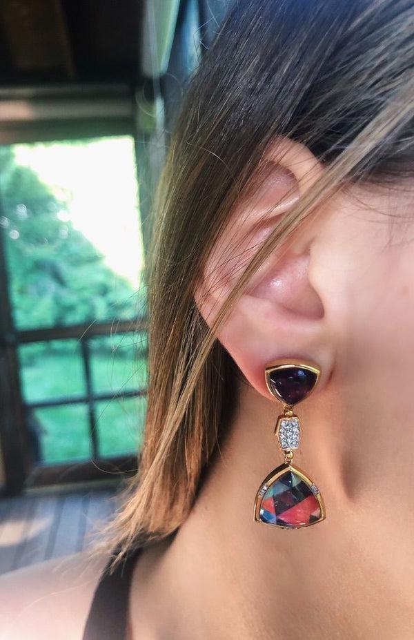 LuvMyJewelry Love Me Not Amethyst Diamond Mosaic Earrings In 14K Yellow Gold Plated Sterling Silver