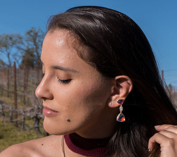 LuvMyJewelry Love Me Not Amethyst Diamond Mosaic Earrings In 14K Yellow Gold Plated Sterling Silver