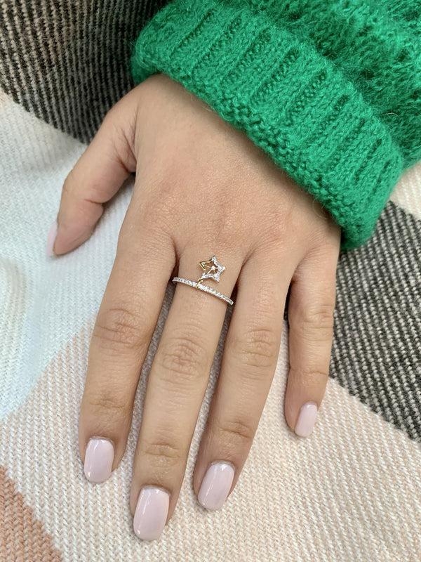 LuvMyJewelry Lucky Star Diamond Charm Ring In 14K Yellow Gold Vermeil On Sterling Silver