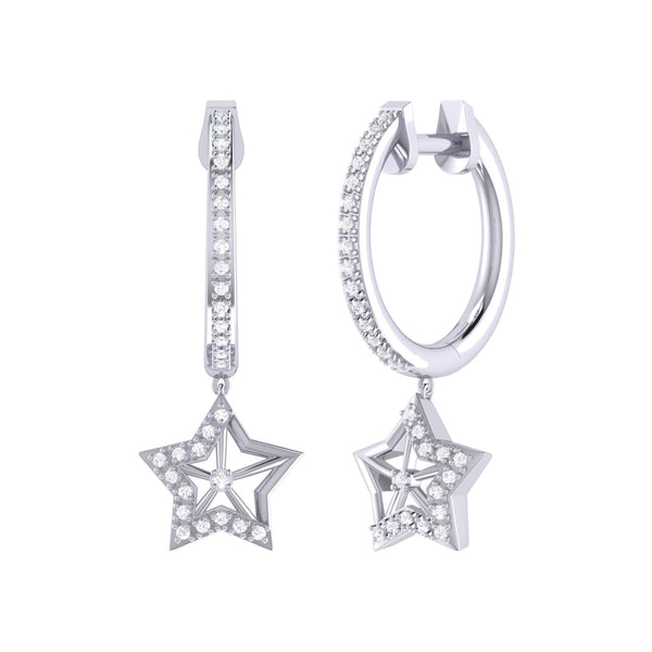 LuvMyJewelry Lucky Star Diamond Hoop Earrings in 14K White Gold