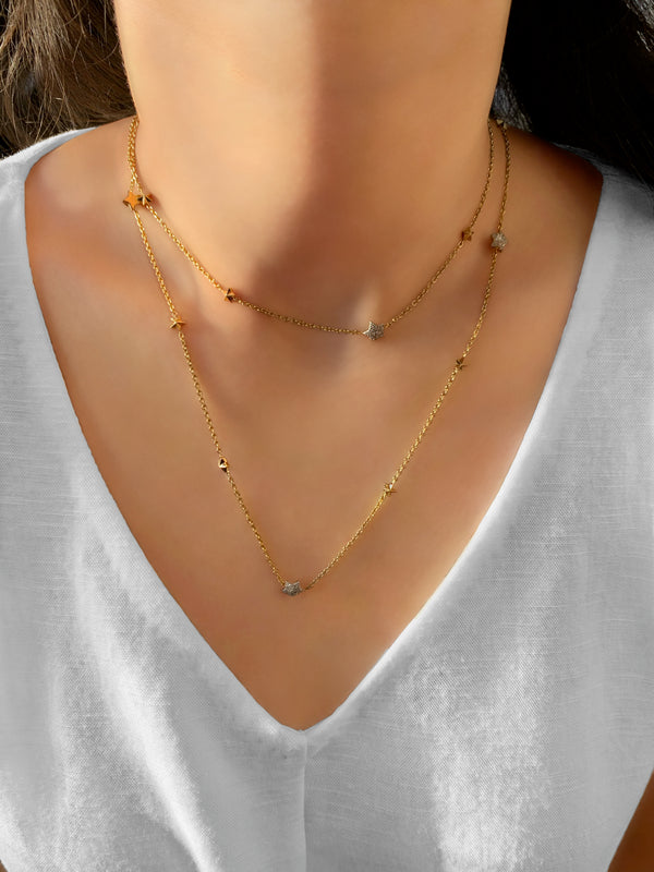 LuvMyJewelry Lucky Star Layered Diamond Necklace In 14K Yellow Gold Vermeil On Sterling Silver
