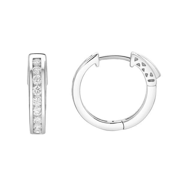 LuvMyJewelry Lunaflora Channel-Set Diamond Huggie Hoop Earrings In 14K White Gold