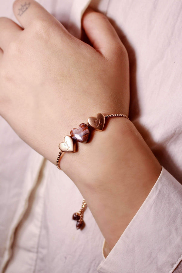 LuvMyJewelry Luv Me Lace Agate Bolo Adjustable I Love You Heart Bracelet In 14K Rose Gold Plated Sterling Silver