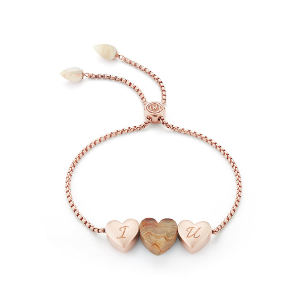 LuvMyJewelry Luv Me Lace Agate Bolo Adjustable I Love You Heart Bracelet in 14K Rose Gold Plated Sterling Silver