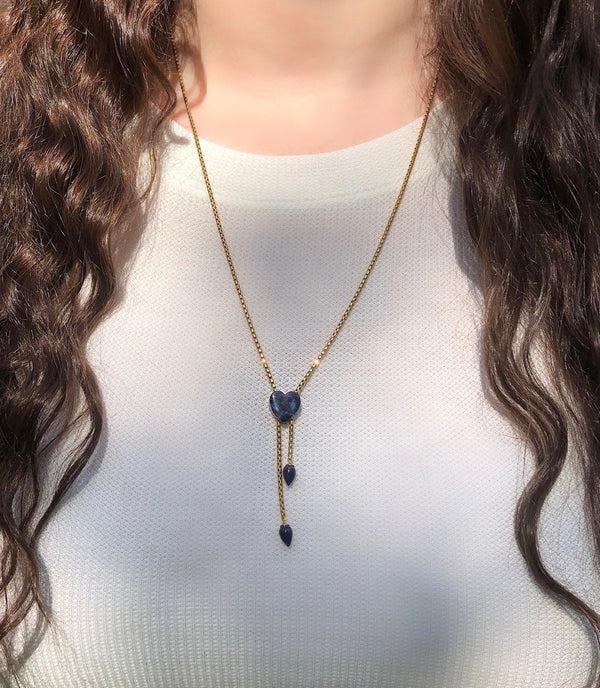 LuvMyJewelry Luv Me Lapis Adjustable Heart Necklace In 14K Rose Gold Plated Sterling Silver