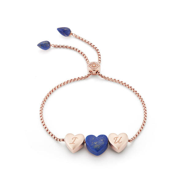 LuvMyJewelry Luv Me Lapis Bolo Adjustable I Love You Heart Bracelet in 14K Rose Gold Plated Sterling Silver