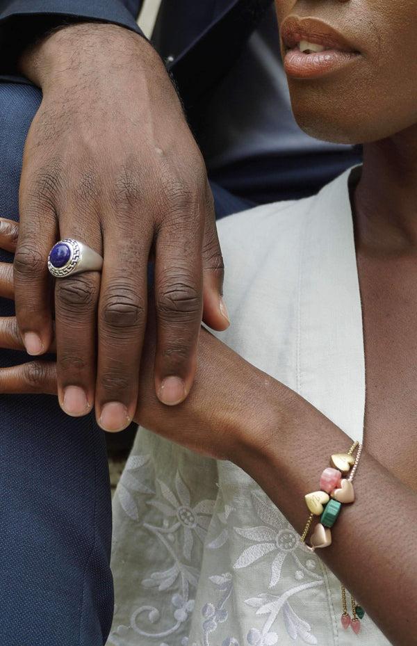 LuvMyJewelry Luv Me Malachite Bolo Adjustable I Love You Heart Bracelet In 14K Rose Gold Plated Sterling Silver