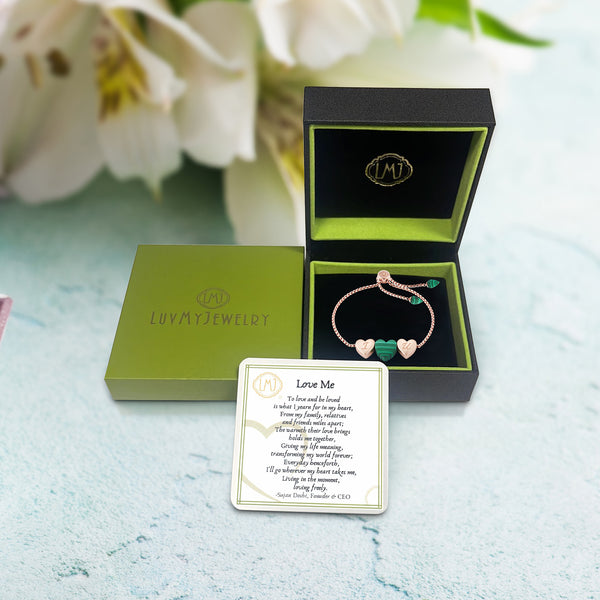 LuvMyJewelry Luv Me Malachite Bolo Adjustable I Love You Heart Bracelet In 14K Rose Gold Plated Sterling Silver