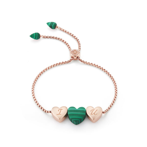 LuvMyJewelry Luv Me Malachite Bolo Adjustable I Love You Heart Bracelet in 14K Rose Gold Plated Sterling Silver