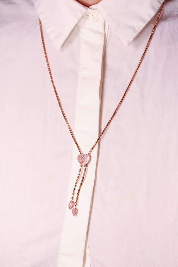 LuvMyJewelry Luv Me Rhodochrosite Adjustable Heart Necklace In 14K Rose Gold Plated Sterling Silver