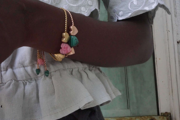 LuvMyJewelry Luv Me Rhodochrosite Bolo Adjustable I Love You Heart Bracelet In 14K Yellow Gold Plated Sterling Silver