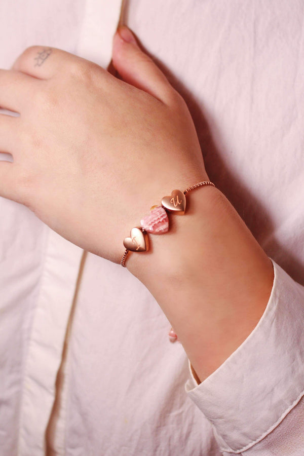LuvMyJewelry Luv Me Rhodochrosite Bolo Adjustable I Love You Heart Bracelet In 14K Rose Gold Plated Sterling Silver