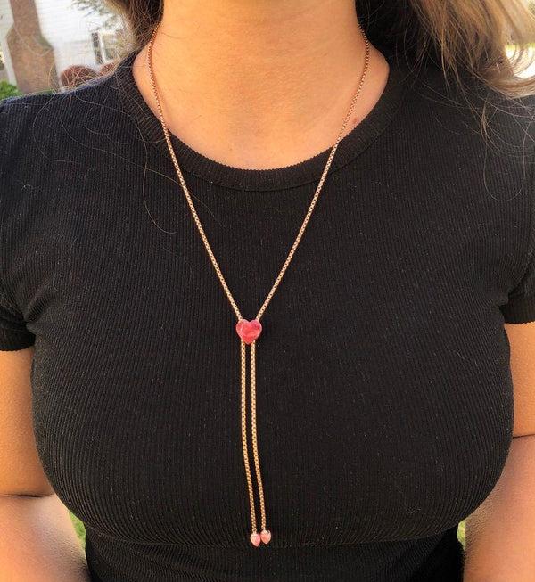 LuvMyJewelry Luv Me Thulite Adjustable Heart Necklace In 14K Rose Gold Plated Sterling Silver