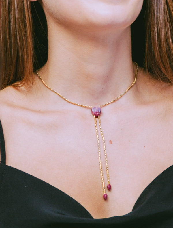 LuvMyJewelry Luv Me Thulite Adjustable Heart Necklace In 14K Yellow Gold Plated Sterling Silver