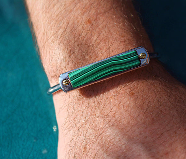LuvMyJewelry Malachite Big ID Cuff Bracelet In Sterling Silver