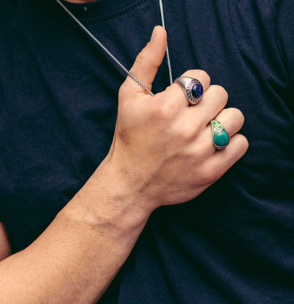 LuvMyJewelry Malachite Cabochon Flat Back Stone Signet Ring In Sterling Silver With Enamel