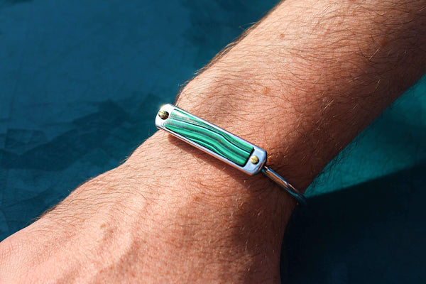 LuvMyJewelry Malachite Small ID Cuff Bracelet In Sterling Silver