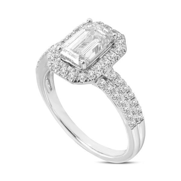 LuvMyJewelry Mariam 14K White Gold Emerald Cut Lab Grown Diamond Halo Engagement Ring - 2.1 Ct