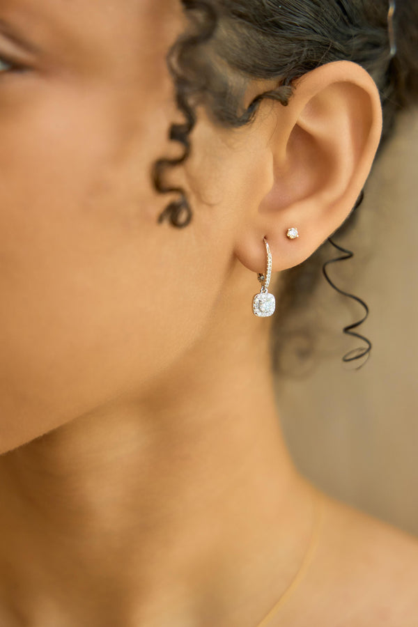 LuvMyJewelry Midsummer Pave Square Shape Diamond Drop Huggie Hoop Earrings In 14K White Gold