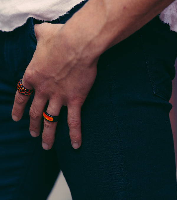 LuvMyJewelry Mista Lava Black Rhodium Plated Sterling Silver Textured Red Orange Enamel Band Ring