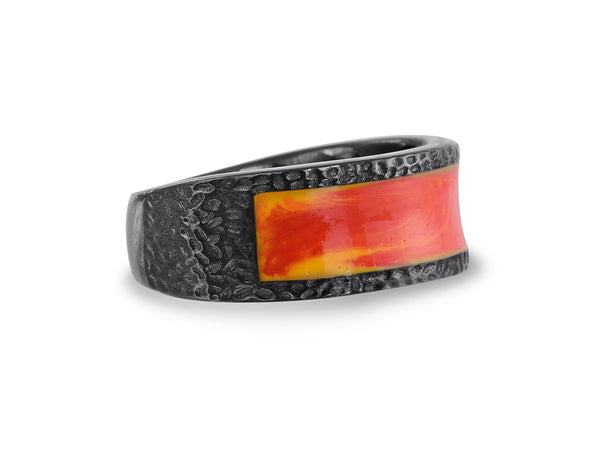 LuvMyJewelry Mista Lava Black Rhodium Plated Sterling Silver Textured Red Orange Enamel Band Ring