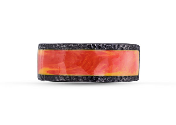 LuvMyJewelry Mista Lava Black Rhodium Plated Sterling Silver Textured Red Orange Enamel Band Ring