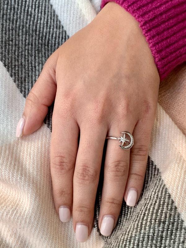 LuvMyJewelry Moon-Cradled Star Diamond Ring In 14K White Gold