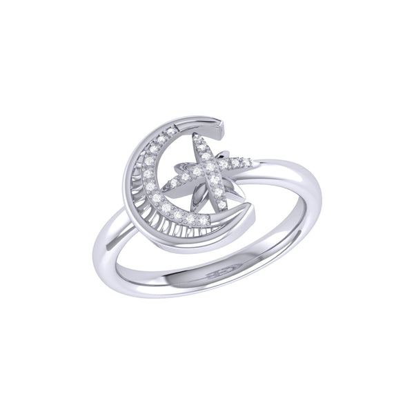 LuvMyJewelry Moon-Cradled Star Diamond Ring in 14K White Gold