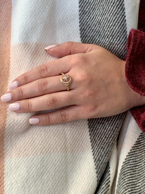 LuvMyJewelry Moon-Cradled Star Diamond Ring In 14K Yellow Gold Vermeil On Sterling Silver