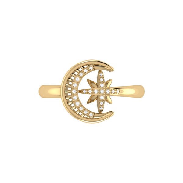 LuvMyJewelry Moon-Cradled Star Diamond Ring In 14K Yellow Gold Vermeil On Sterling Silver