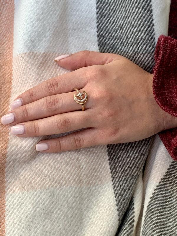 LuvMyJewelry Moon-Cradled Star Diamond Ring In 14K Yellow Gold