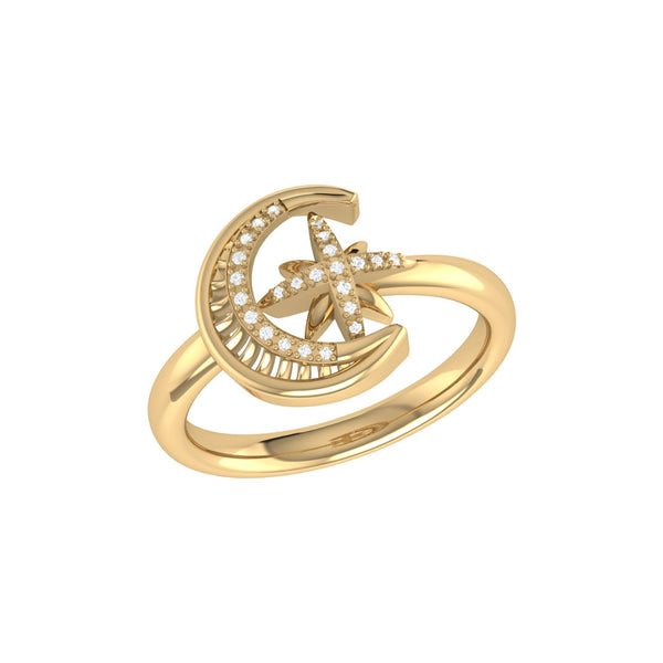 LuvMyJewelry Moon-Cradled Star Diamond Ring in 14K Yellow Gold