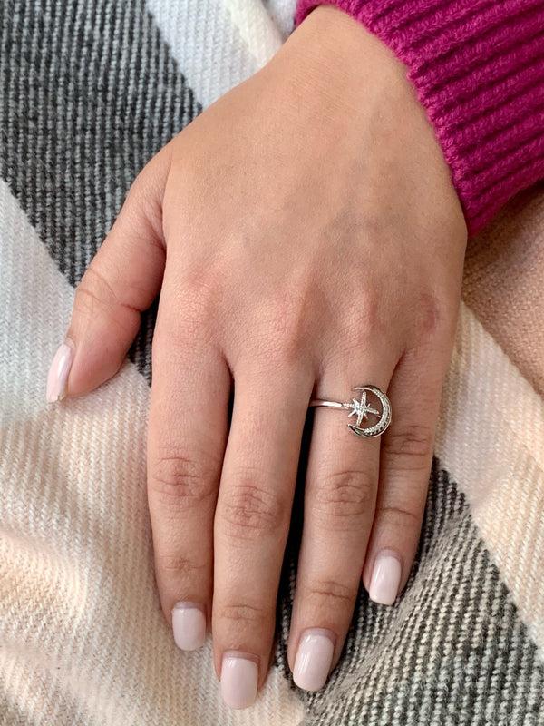 LuvMyJewelry Moon-Cradled Star Diamond Ring In Sterling Silver