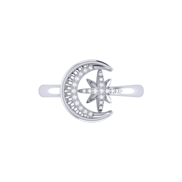 LuvMyJewelry Moon-Cradled Star Diamond Ring In Sterling Silver
